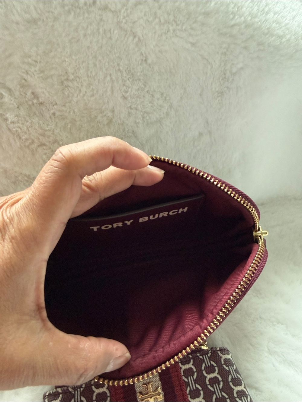 Tory Burch Burgundy and Cream Jacquard pouch with Wristlet - Picture 2 of 4